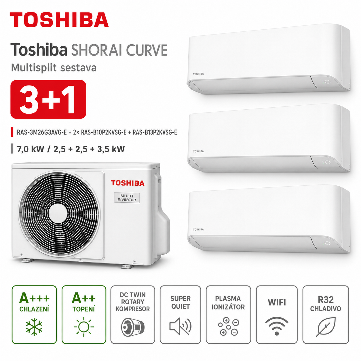 Toshiba SHORAI CURVE bílá 3+1 – 7,0 kW + 2,5 kW + 2,5 kW + 3,5 kW