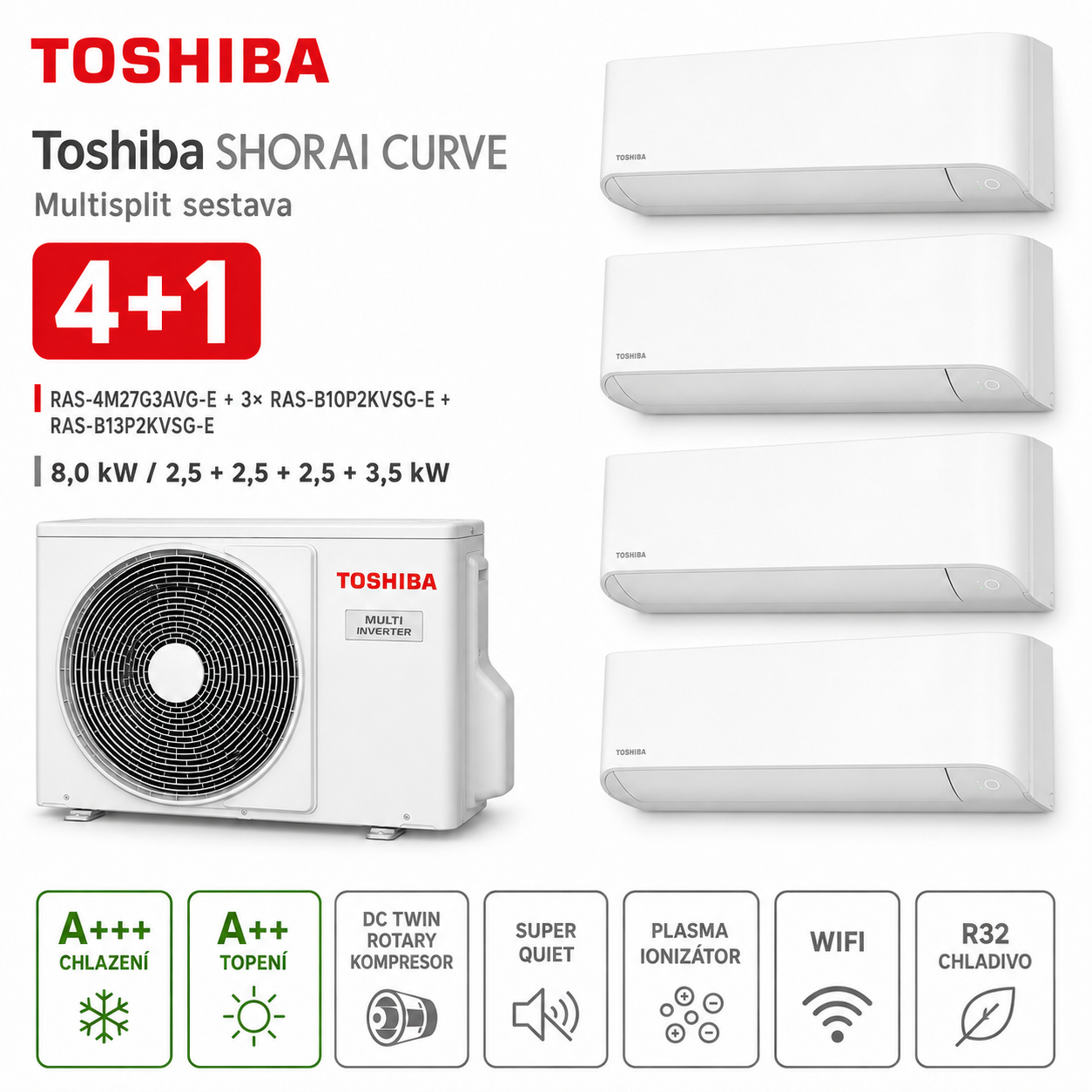 Toshiba SHORAI CURVE bílá 4+1 – 8,0 kW + 2,5 kW + 2,5 kW + 2,5 kW + 3,5 kW