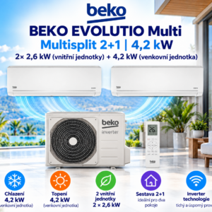 Multisplit klimatizace Beko EVOLUTIO Multi – sestava 2+1 s venkovní jednotkou 4,2 kW a vnitřními jednotkami 2× 2,6 kW typu multisplit