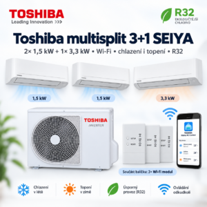 Toshiba multisplit 3+1 SEIYA – 2× 1,5 kW + 1× 3,3 kW, Wi-Fi, chlazení i topení, R32 Toshiba multisplit 3+1 SEIYA – 2× 1,5 kW + 1× 3,3 kW, Wi-Fi, chlazení i topení, R32