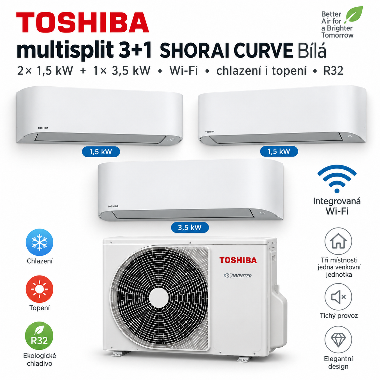 Toshiba multisplit 3+1 SHORAI CURVE Bílá – 2× 1,5 kW + 1× 3,5 kW, integrovaná Wi-Fi, chlazení i topení, R32