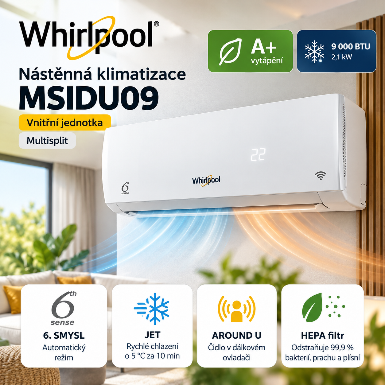 Whirlpool klimatizace multisplit vnitřní jednotka MSIDU09 2,1 kW R32 Wi-Fi